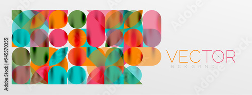 Mosaic geometric elements. Colorful circles, round geometric shapes and lines with shadow 3d effects. Simple forms abstract background for wallpaper, banner, template or landing