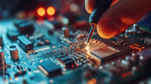 Close-up of a worker soldering electronic components on a circuit board