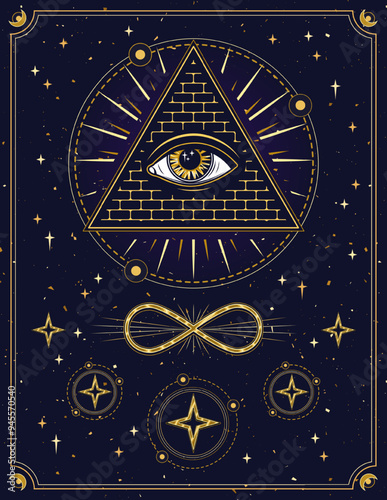 Poster with with all seeing eye, eye of providence in pyramid, infinity sign. Concept of harmony of universe, wisdom, secret knowledge, extended mind. Mystical boho illustration in vintage style.