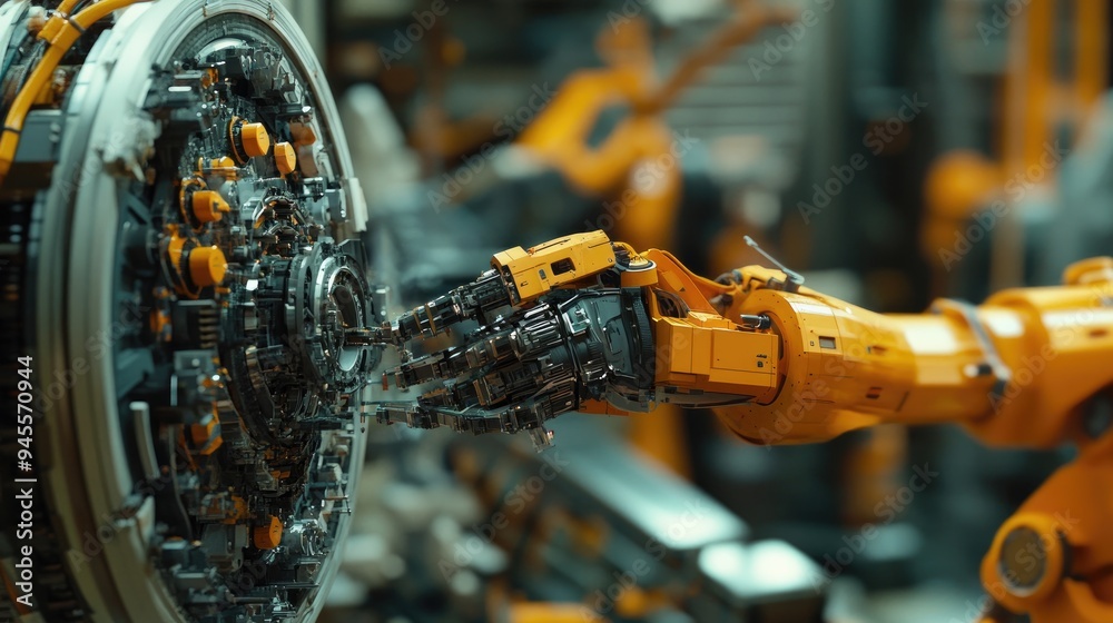 Close-up of robotic arms assembling intricate components in a high-tech factory Close-up of robotic arms assembling intricate components in a high-tech factory