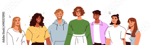 Group portrait, smiling team standing together. Happy young people, positive community banner with cheerful characters, friends in unity. Flat vector illustration isolated on white background