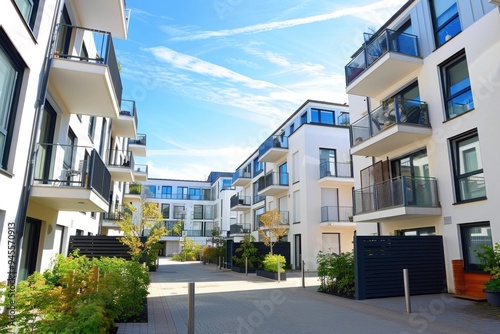 A row of apartment buildings with private balconies, great for urban or cityscape images