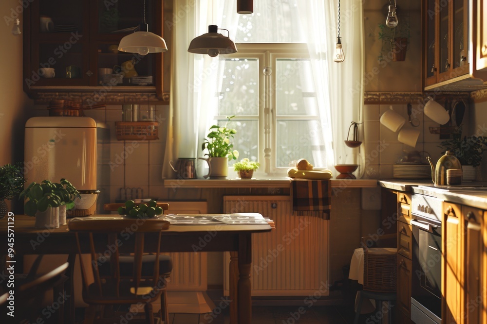 A table and chairs set up in front of a kitchen window A table and chairs set up in front of a kitchen window