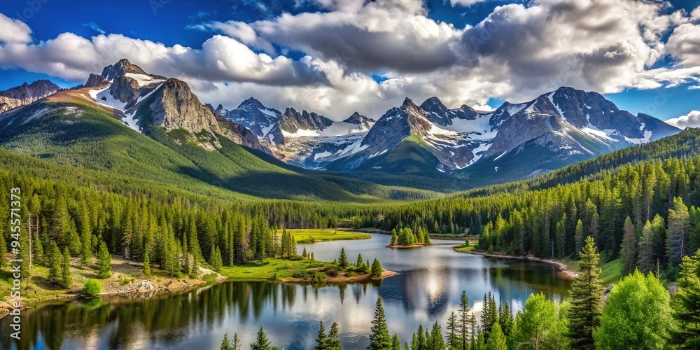 Snow-capped peaks touch the sky, surrounded by lush green forests and sparkling alpine lakes, in this breathtaking scenic landscape of Rocky Mountain National Park. Snow-capped peaks touch the sky, surrounded by lush green forests and sparkling alpine lakes, in this breathtaking scenic landscape of Rocky Mountain National Park.
