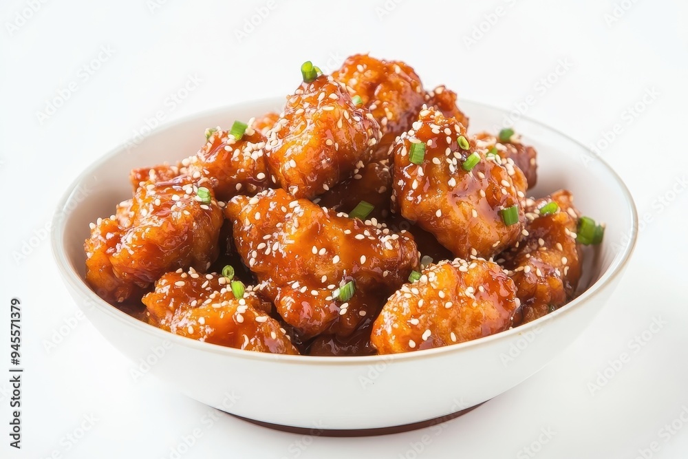 A bowl of crispy, glazed chicken pieces garnished with sesame seeds and green onions. A bowl of crispy, glazed chicken pieces garnished with sesame seeds and green onions.