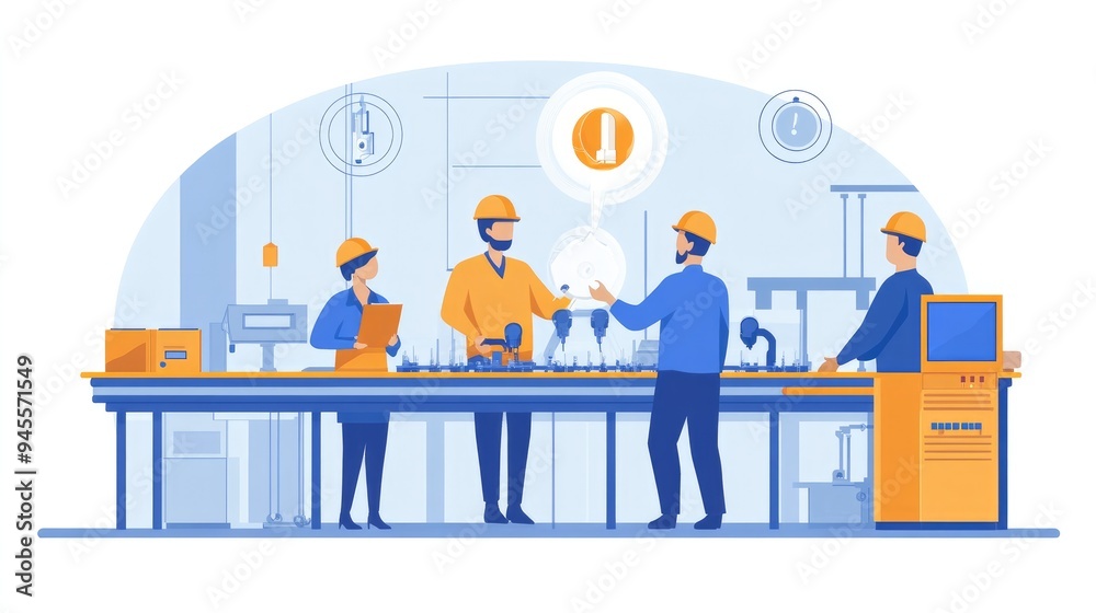 Engineers working together on a production line, discussing improvements and solutions Engineers working together on a production line, discussing improvements and solutions
