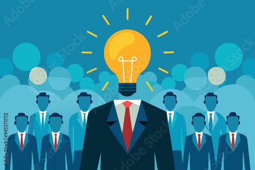 Be different, leadership individuality or unique candidate, courage or determination to success, freedom, stand out from other, freedom or creativity concept, businessman with bright lightbulb head.
