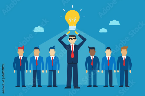 Be different, leadership individuality or unique candidate, courage or determination to success, freedom, stand out from other, freedom or creativity concept, businessman with bright lightbulb head.
