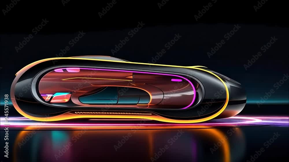 Futuristic orange and black pod-like vehicle with neon accents on a dark background
Futuristic orange and black pod-like vehicle with neon accents on a dark background