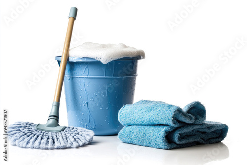 A mop bucket with water and foam, a mop, and a cleaning cloth on a white background.