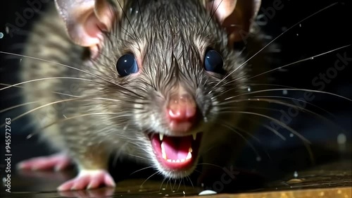 Close-up of a wet rat showing its teeth with a dark background

