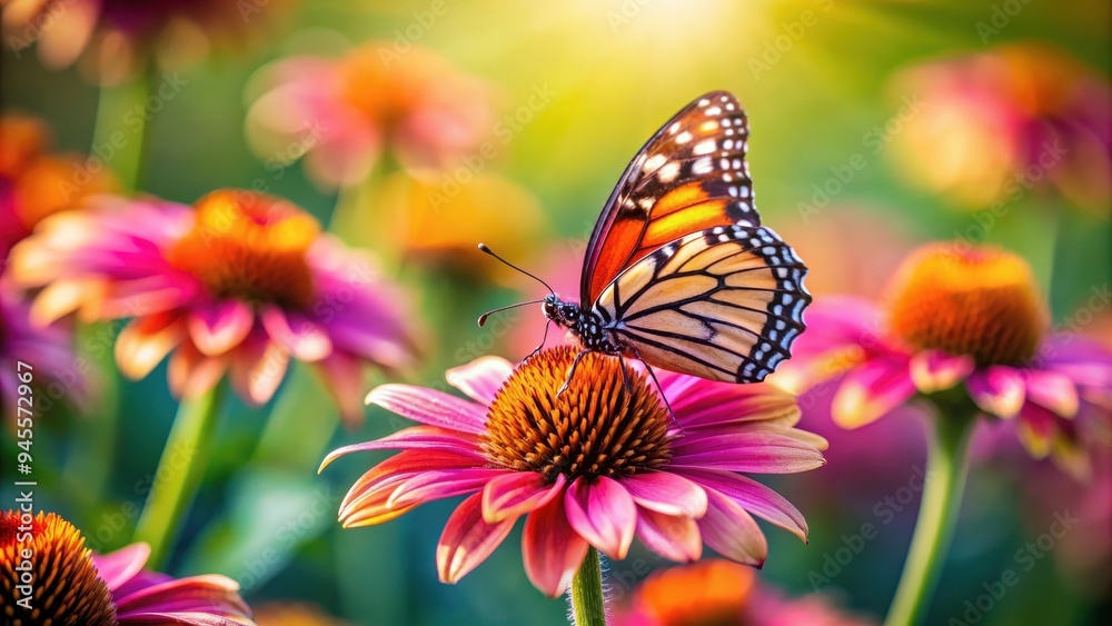 Obraz premium Butterfly resting on a vibrant flower, butterfly, flower, nature, colorful, beautiful, insect, wings, pollination, garden