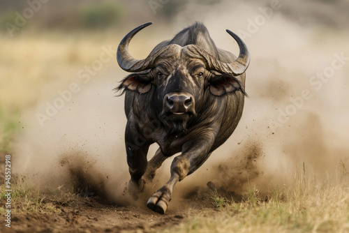 An angry, fast-running buffalo in its natural habitat.