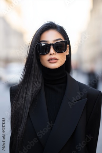 sleek, modern woman with long, straight black hair, wearing an oversized black double breasted blazer over a black turtleneck