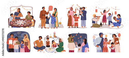 Diwali celebration set. Indian family with festive lights, decorations. Happy mom, dad, kids celebrate Deepavali in India together, Hindu holiday. Flat vector illustration isolated on white background