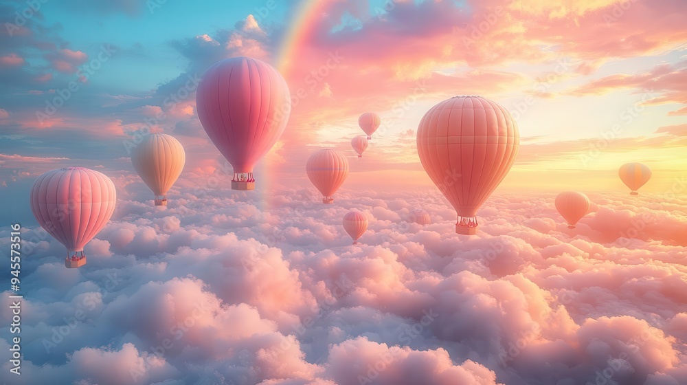 Fototapeta premium whimsical 3d illustration of pastel hot air balloons floating among fluffy clouds in a dreamy sky with a vibrant rainbow arching across the scene