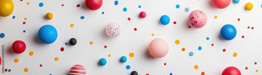 Colorful Abstract Background with Floating Spheres and Confetti on White Surface Colorful Abstract Background with Floating Spheres and Confetti on White Surface