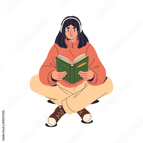 Student in headphones studies, holds paper book. Girl sits on the floor and reading textbook. Young woman learning educational literature. Flat isolated vector illustration on white background