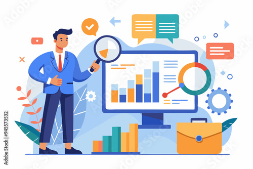 Analysis report research result, chart and diagram dashboard, financial graph statistics, analyze data, SEO or optimization concept, businessman with magnifying glass analyze research chart and graph.
