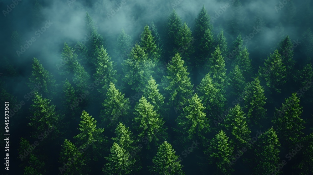 Aerial view of dense evergreen forest shrouded in mist. Aerial view of dense evergreen forest shrouded in mist.