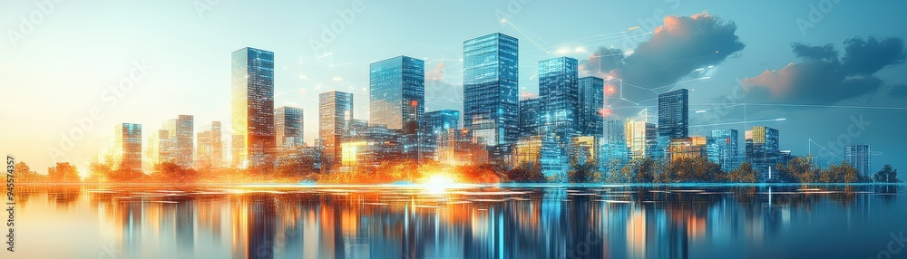 Modern Cityscape with Skyscrapers Reflecting in Water at Sunset with Digital Network Overlay Modern Cityscape with Skyscrapers Reflecting in Water at Sunset with Digital Network Overlay