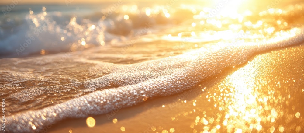 Golden Sunrise Over Sparkling Ocean Waves on a Sandy Beach