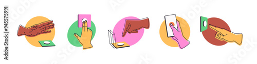 People press buttons with fingers set. Colored hands touch, push, click to activate, launch. Person taps on phone screen, switches on and off. Flat isolated vector illustration on white background