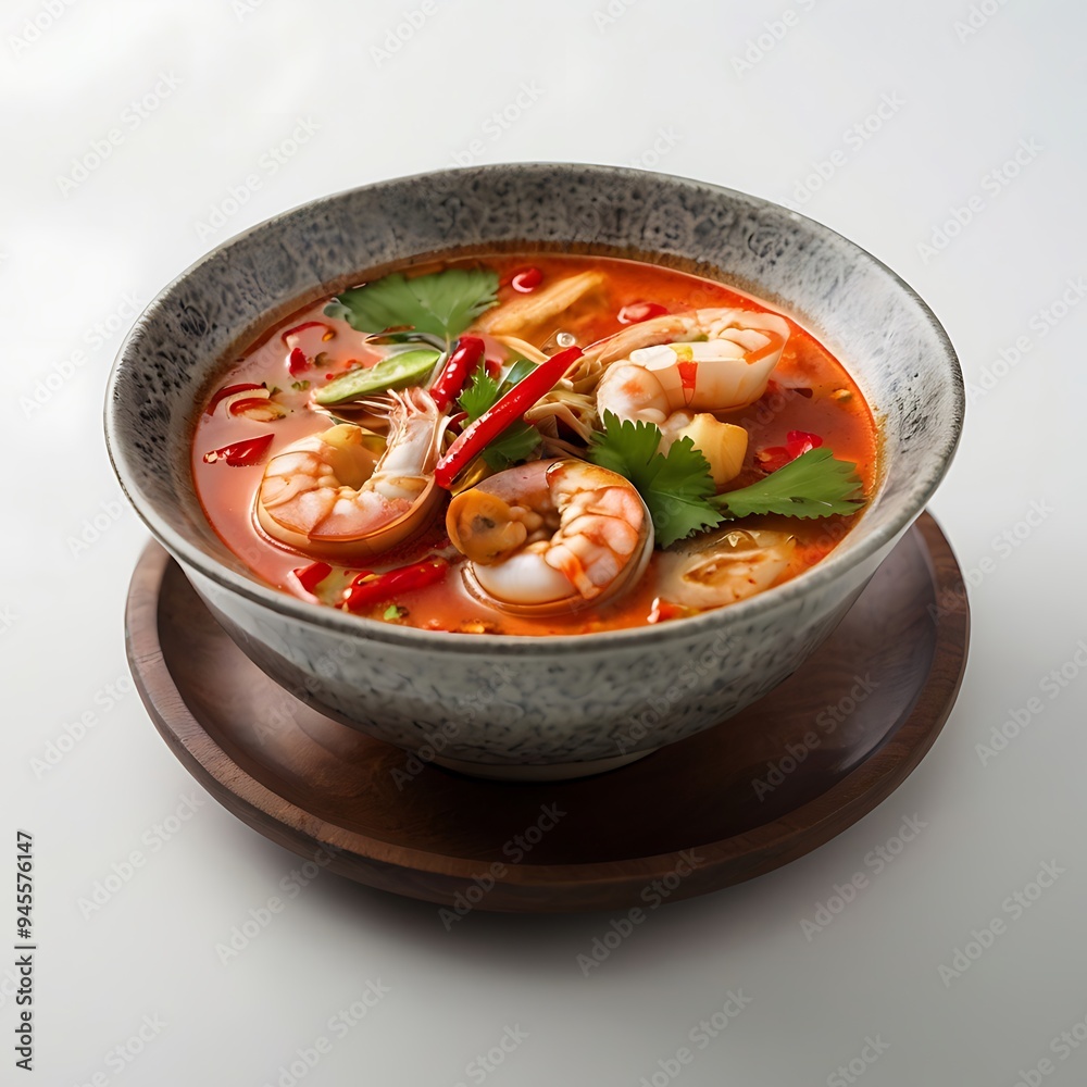 Delicious Thai Food Tom Yam Kung, Spicy soup with shrimps, mushrooms, lemon, coconut milk and chili Delicious Thai Food Tom Yam Kung, Spicy soup with shrimps, mushrooms, lemon, coconut milk and chili