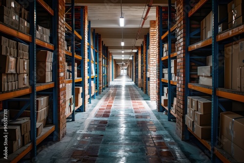 Empty corridor at a distribution warehouse Empty corridor at a distribution warehouse - global business concepts