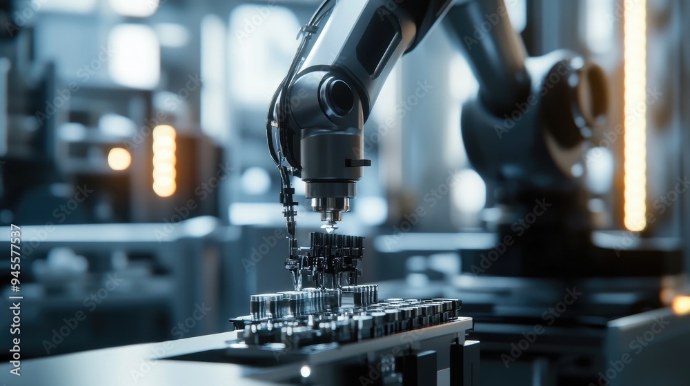 Close-up of a robotic arm assembling components on a high-tech production line