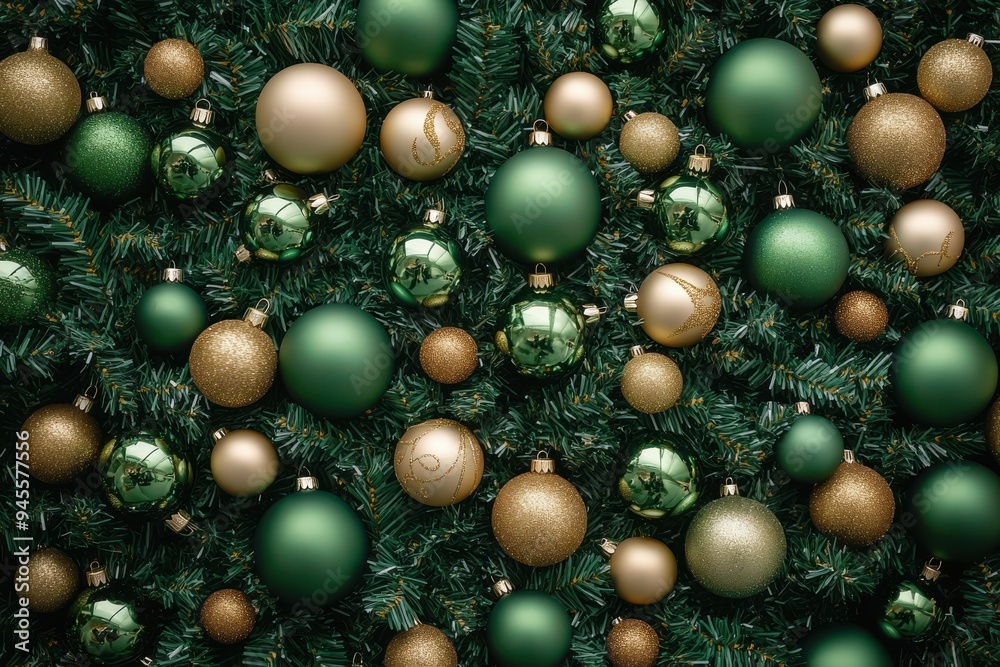 A green and gold tree with many shiny ornaments. The tree is full of Christmas ornaments and the colors are bright and festive A green and gold tree with many shiny ornaments. The tree is full of Christmas ornaments and the colors are bright and festive