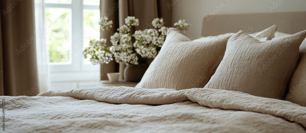 Cozy Bedroom with Neutral Tones and Soft Textures Featuring Elegant Bedding and Natural Light