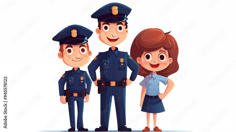 Cartoon Police Officers and Girl in Uniform Standing Together Cartoon Police Officers and Girl in Uniform Standing Together
