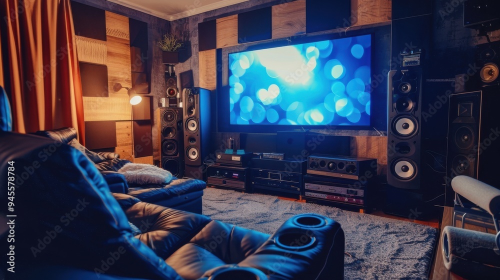 A dark room with a large flat screen television and surround sound speakers A dark room with a large flat screen television and surround sound speakers
