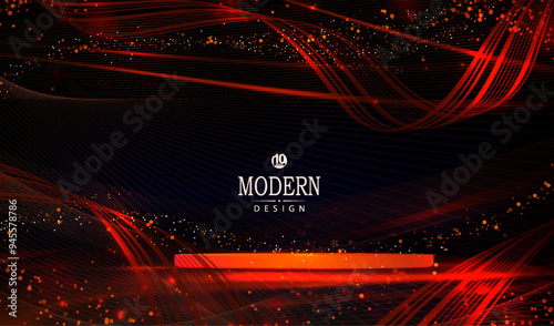 Festive background with a podium and wavy ribbons of red color.