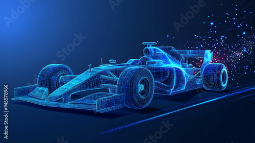 A polygonal F1 car designed to represent speed, featuring a vector illustration of a bolide with mesh spheres and flying debris. The thin-line concept is illustrated in a blue structural style. photo