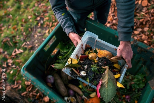 Composting Food Waste An aerial view of an unrecognizable person holding their plastic composting bin with items which are to go into their allotment in their larger composter ready to make into the s