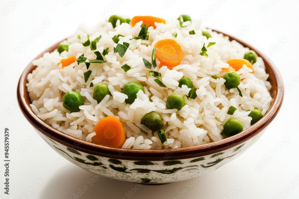 A bowl of rice mixed with peas and carrots, garnished with herbs. A bowl of rice mixed with peas and carrots, garnished with herbs.