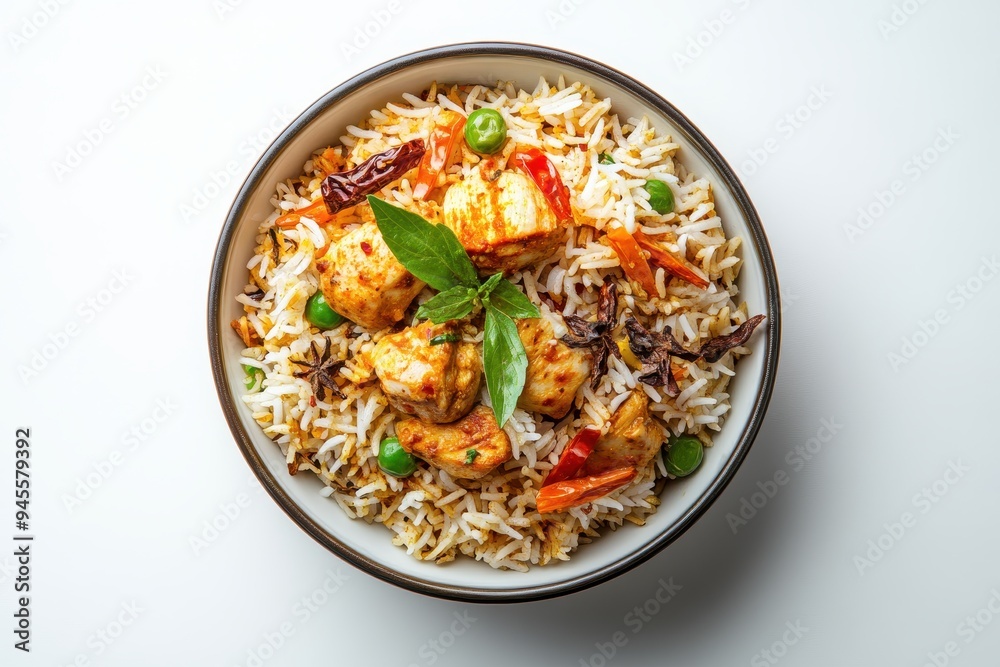 A bowl of rice with chicken, vegetables, and spices, garnished with herbs. A bowl of rice with chicken, vegetables, and spices, garnished with herbs.