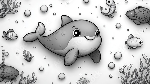 whimsical sea creature cartoon outlines on pristine white background playful chunky linework depicts crab dolphin turtle seahorse and fish perfect for childrens coloring books photo