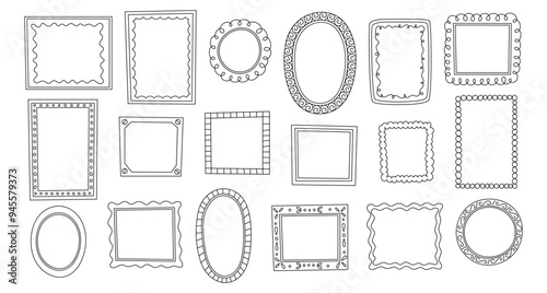 Hand drawn doodle frames. Black frames collection. Doodle frames clipart isolated on white background. Set vintage scrapbooking borders different square and oval shapes and size.