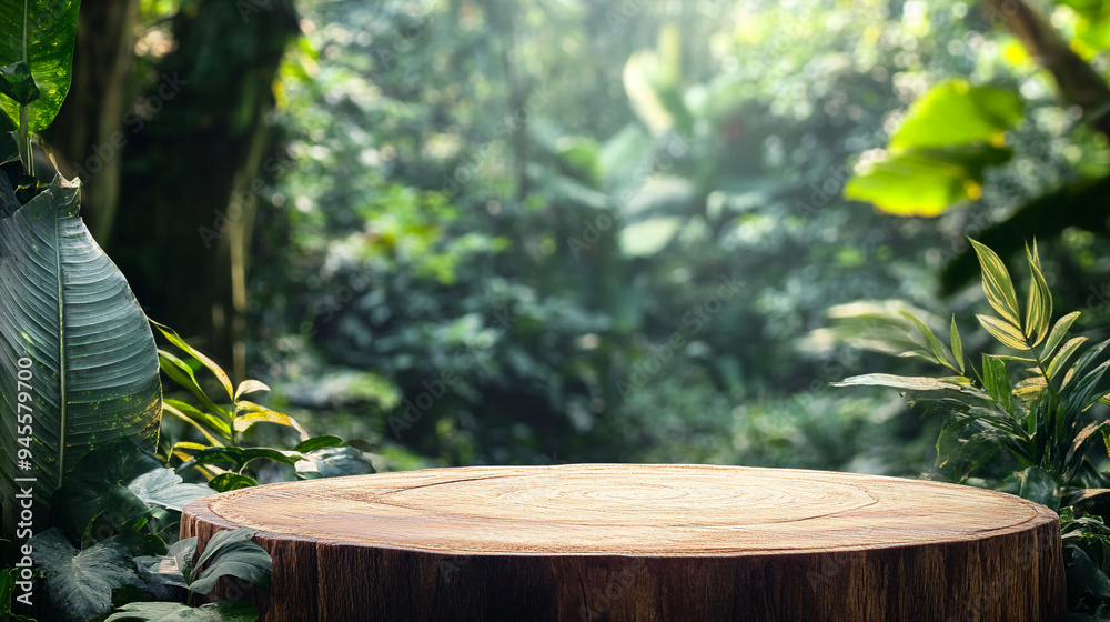 A Nature-Infused Display With A Wooden Podium In The Heart Of A Lush, Tropical Forest Mockup. A Nature-Infused Display With A Wooden Podium In The Heart Of A Lush, Tropical Forest Mockup.