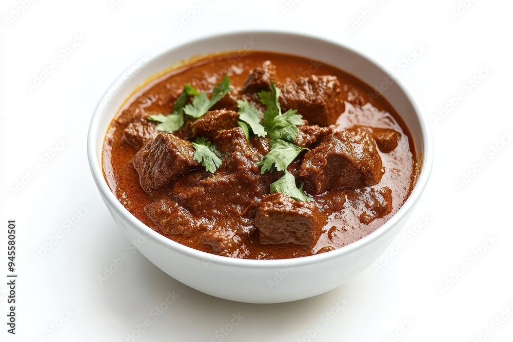 A bowl of savory beef curry garnished with fresh cilantro. A bowl of savory beef curry garnished with fresh cilantro.