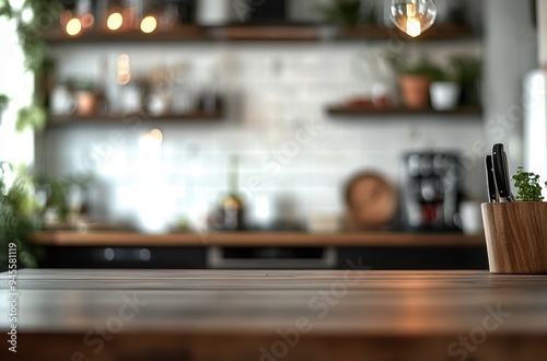 Wooden Tabletop in a Blurred Kitchen Background