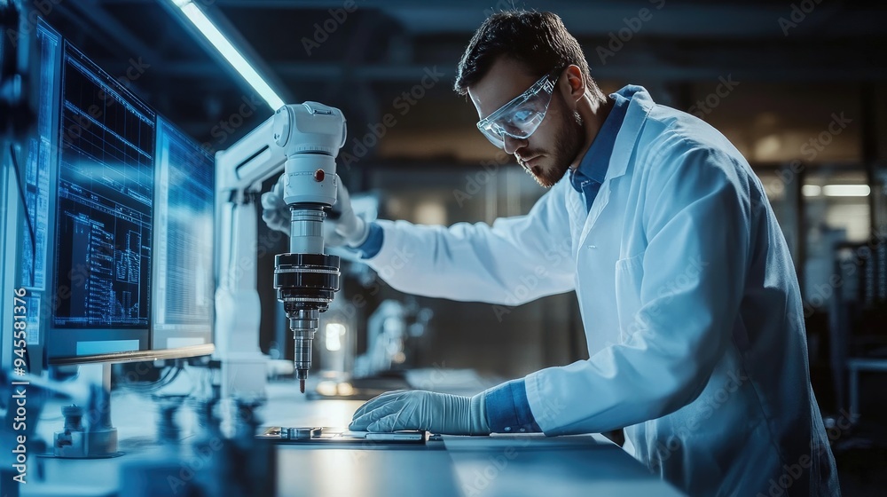 Engineers testing and calibrating a robot in a high-tech lab, focusing on precision Engineers testing and calibrating a robot in a high-tech lab, focusing on precision