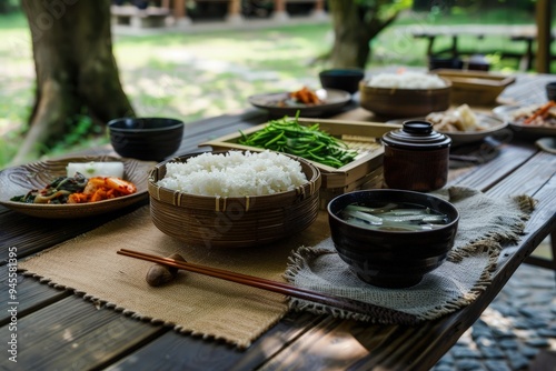 a wooden table topped with bowls of food