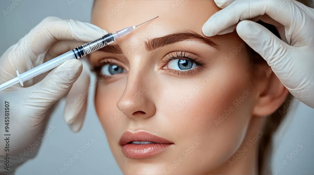 Close-up, Beautiful Woman Receiving Injection In Forehead, Cosmetic Procedure Concept Close-up, Beautiful Woman Receiving Injection In Forehead, Cosmetic Procedure Concept