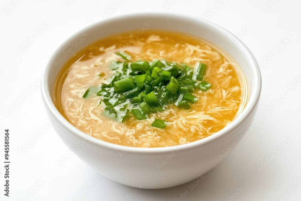 A bowl of soup garnished with chopped green onions, likely a comfort food dish. A bowl of soup garnished with chopped green onions, likely a comfort food dish.