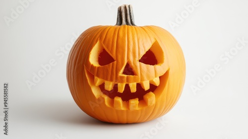 Close-up of a carved Halloween pumpkin, featuring a classic jack-o'-lantern grin on a white background.