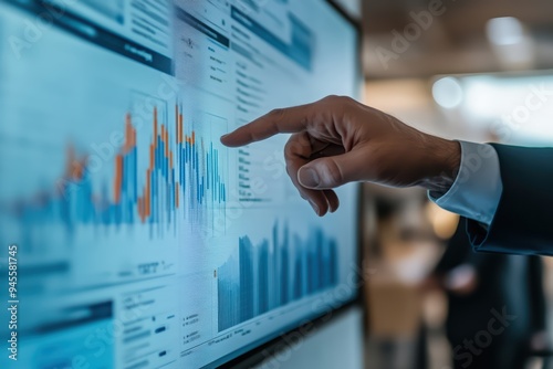 A professional analyzing financial data on a touchscreen display, showcasing graphs and statistics in a modern office environment.